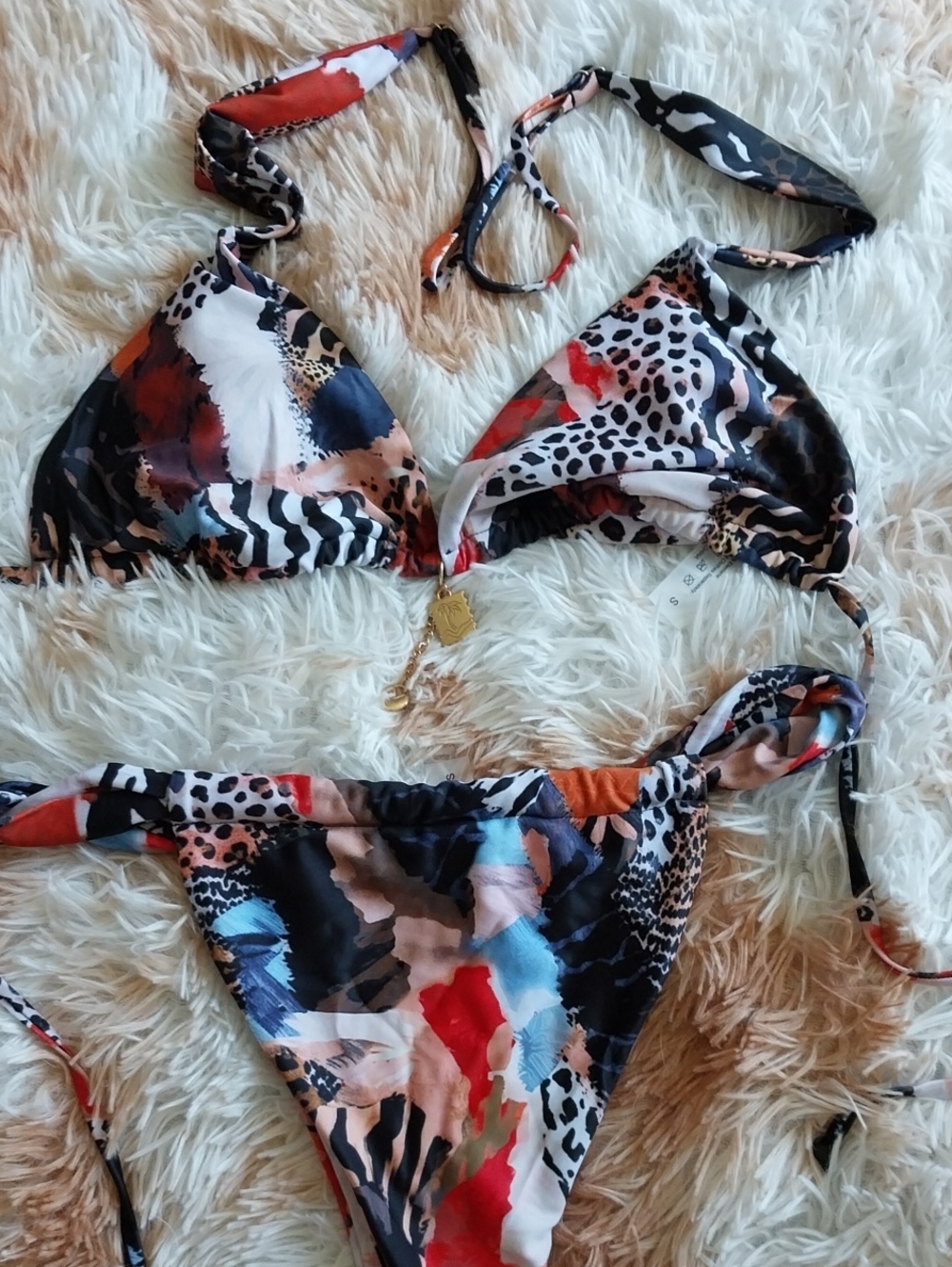 Abstract Animal Print Triangle Bikini Top and Tie-Side Bottom - Multicolor